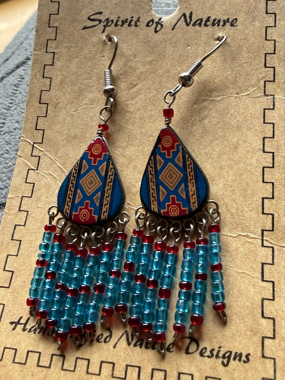Blue & Red Beaded Teardrop Dangle Earrings
